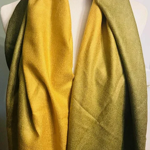 Silk & Pashmina Scarf – Golden Olive Elegance- NWT - Picture 7 of 14